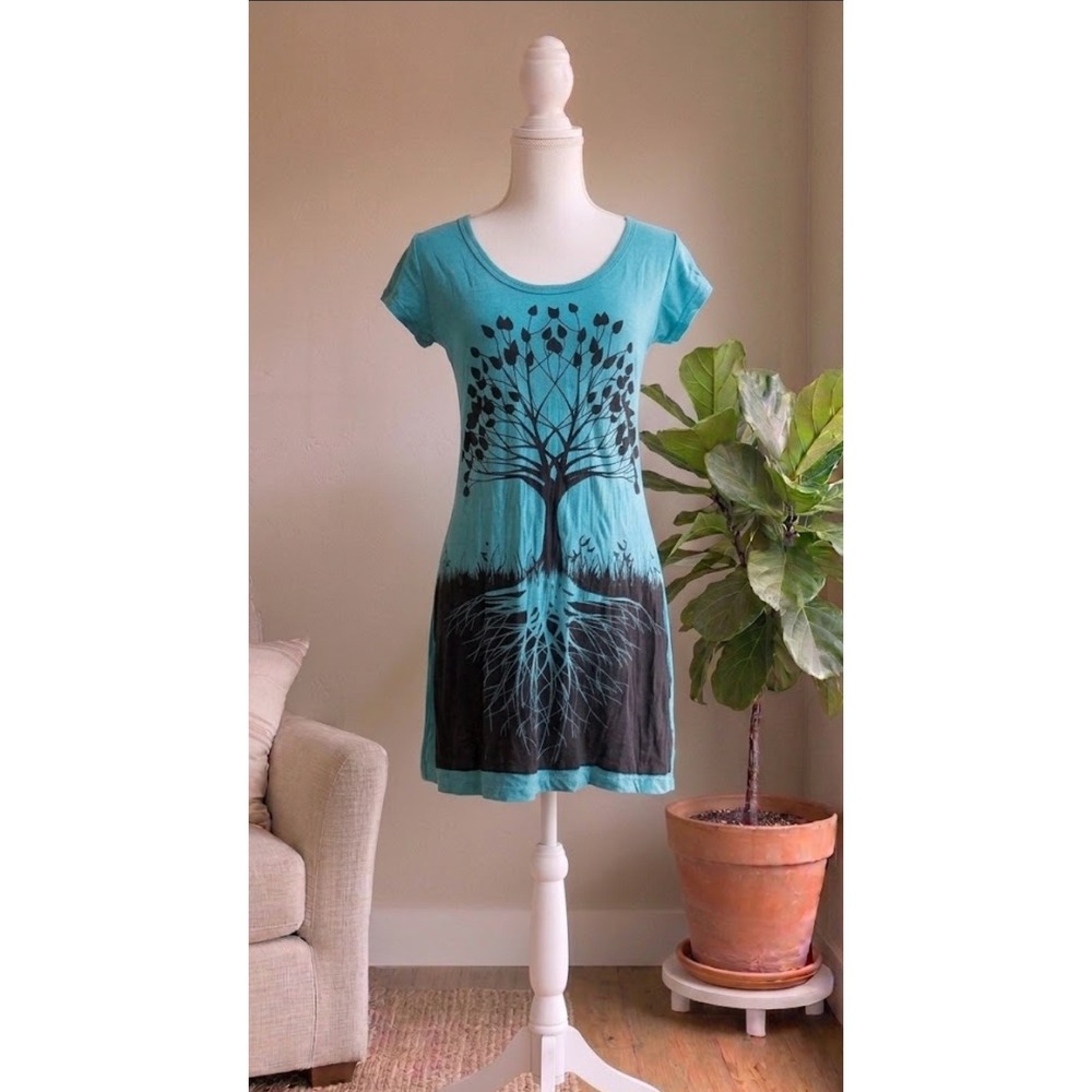 Sure Design T-Shirt Dress Womens Small Teal Tree of Life Graphic Cotton Mini